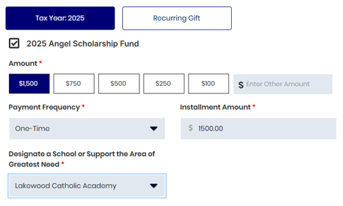 Angel Scholarship Donation Form Screenshot